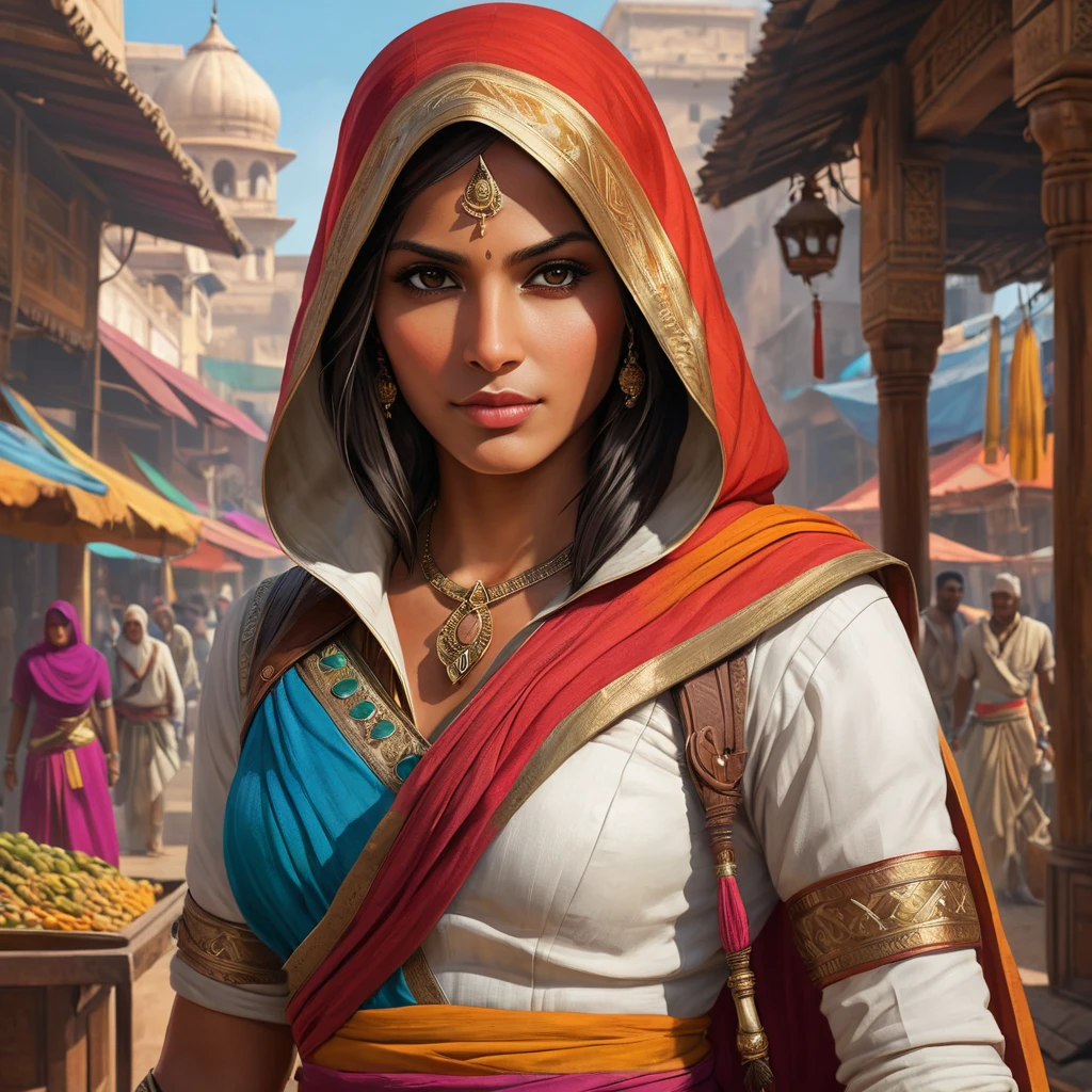 Create an image of a beautiful Assassin's Creed character in a vibrant Indian market, her clothing a colorful mix of traditional saris and hidden assassin tools, with a backdrop of bustling stalls and exotic animals.