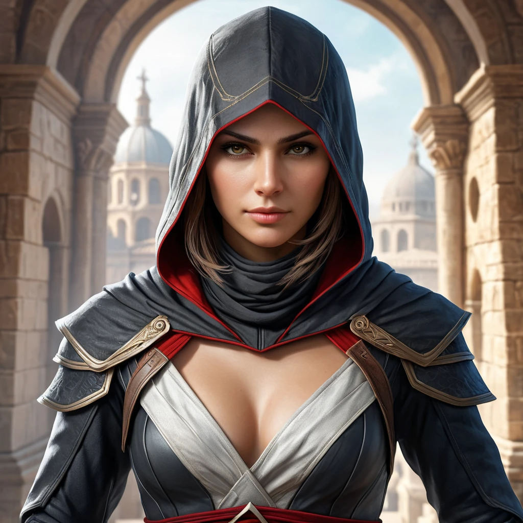 a beautiful, skilled female Assassin from the Assassin's Creed series, with a commanding presence and a complex, multi-layered character, in a visually stunning, hyper-detailed environment