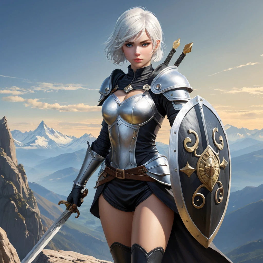 2B with a sword and shield, standing victorious on a mountain peak