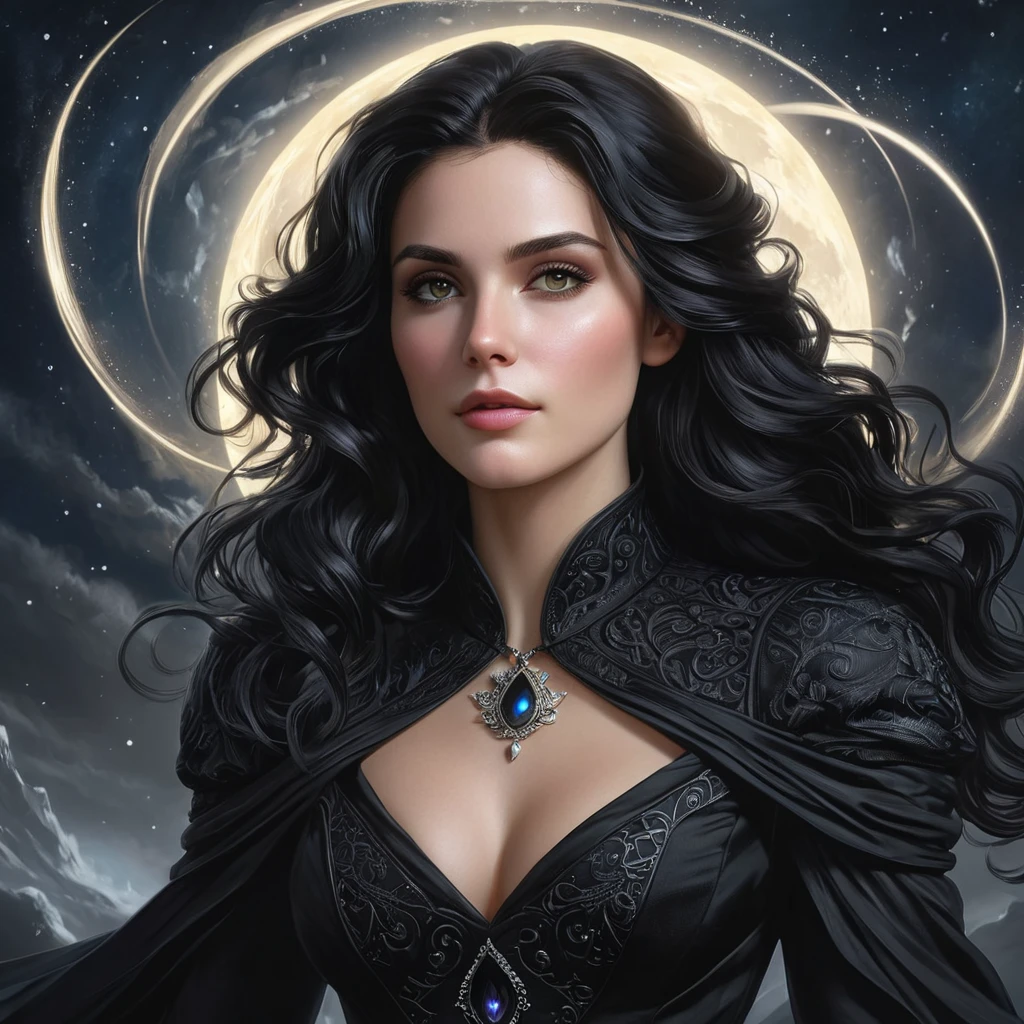 Yennefer of Vengerberg, her elegant black dress shimmering under the moonlight, her face a mixture of power and grace, surrounded by a swirling vortex of magic