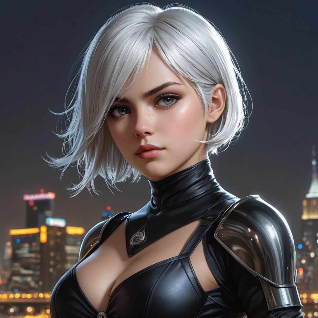 2B with a determined expression, standing in front of a city skyline at night