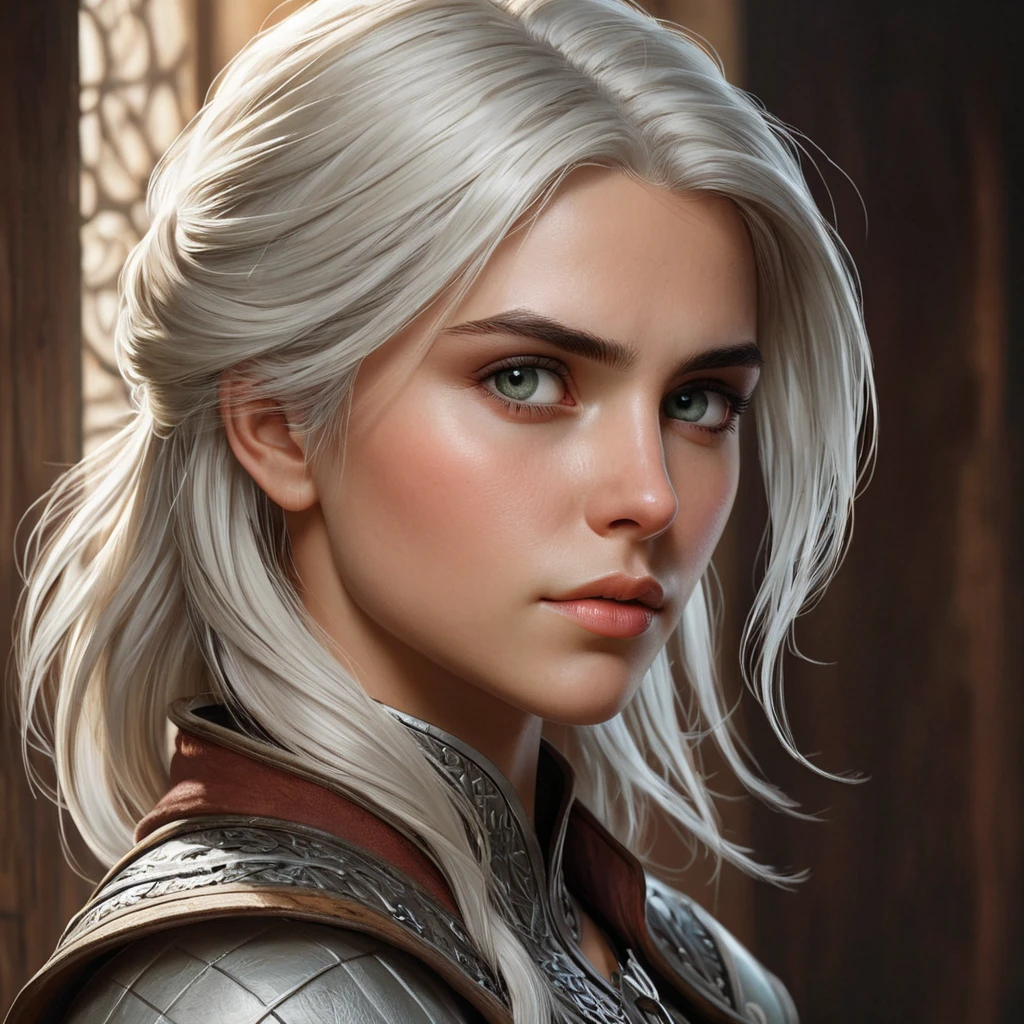 Ciri, the witcher's apprentice, in a moment of quiet reflection, her eyes filled with a sense of purpose and destiny. Atmospheric, introspective, and evocative.