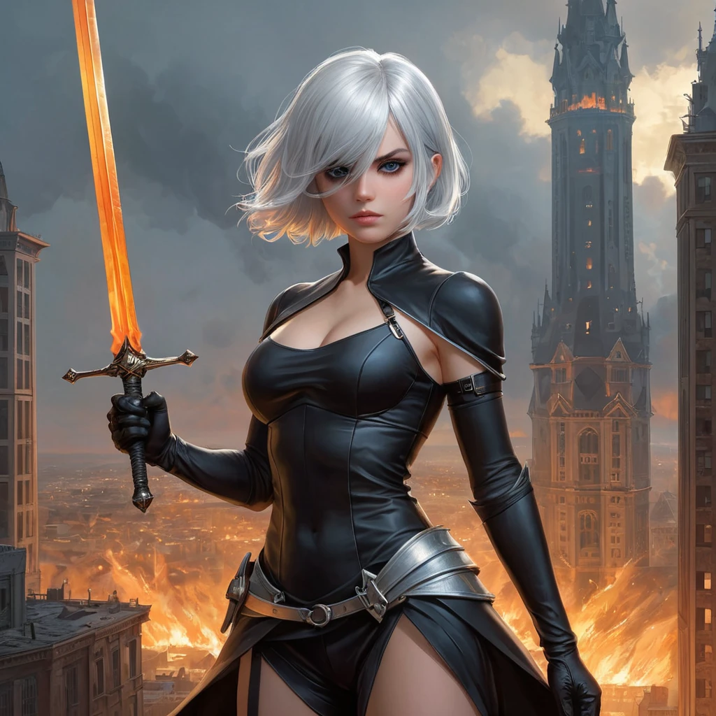 2B with a fierce gaze, standing in front of a burning cityscape with a sword raised high