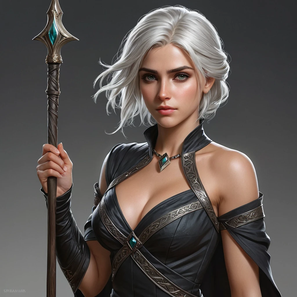 Ciri, the sorceress, with a flowing black dress and a staff in hand