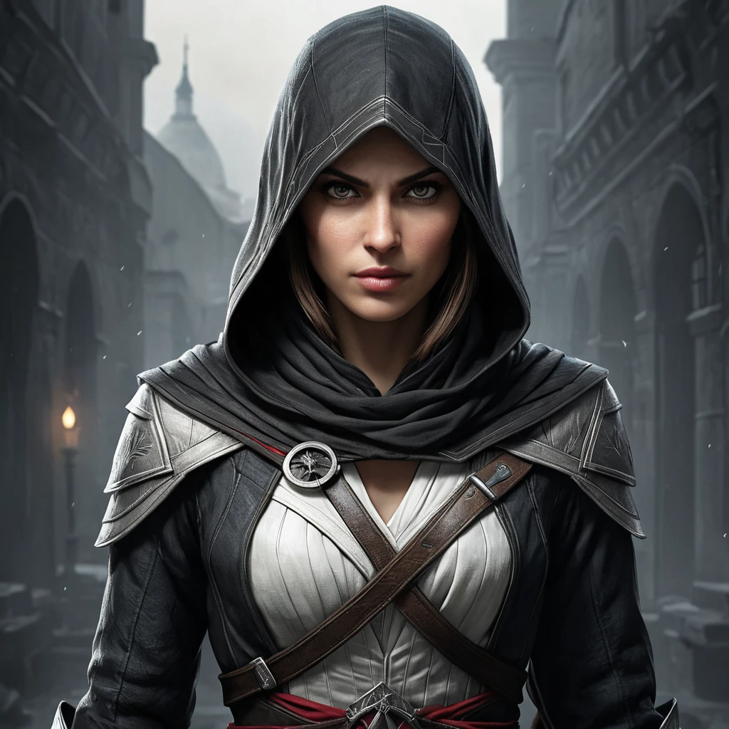 a female Assassin from the Assassin's Creed series, with a striking, angular face and a fierce, resolute expression, in a dark, moody, atmospheric setting