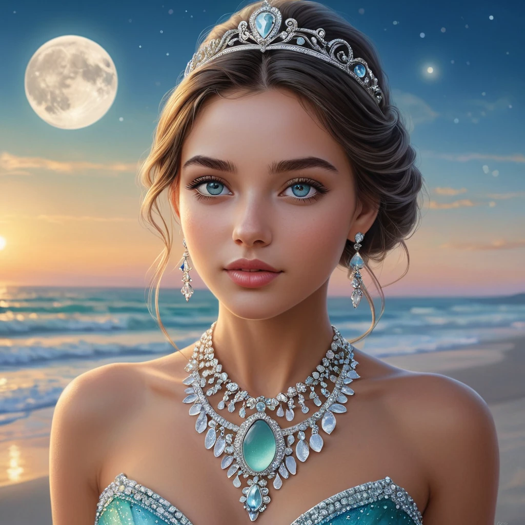 A princess with eyes as deep as the ocean, her necklace made of sea glass, walking on a beach where the sand sparkles like diamonds under a full moon.