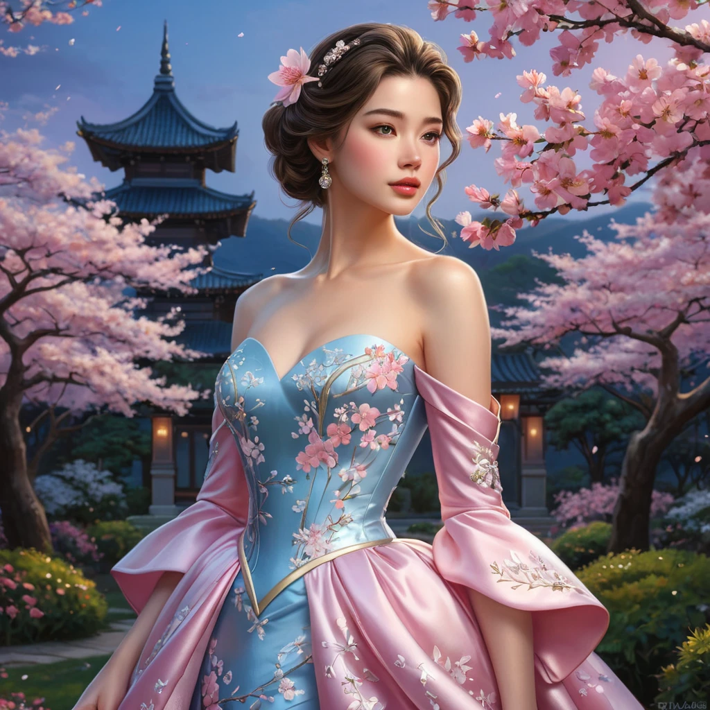 A princess with skin as smooth as porcelain, dressed in a gown of cherry blossoms, standing in a garden where the flowers bloom in vibrant colors under a twilight sky.