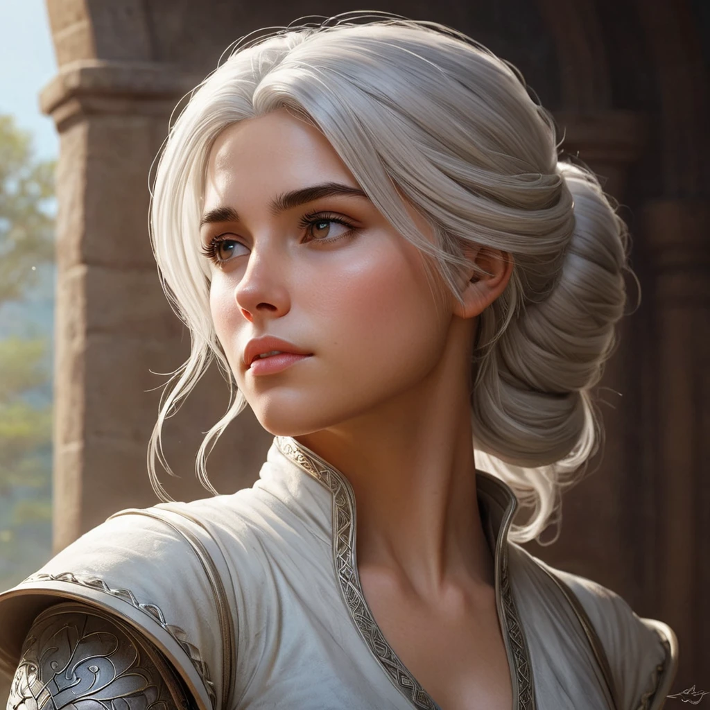 Ciri, the ashen-haired princess of Cintra, in a serene moment of contemplation. Soft, atmospheric lighting and a dreamlike quality.