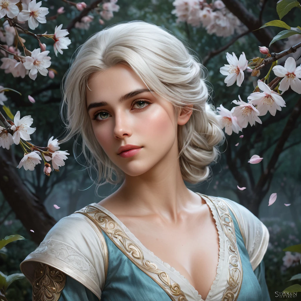 Ciri in a serene, moonlit garden, cherry blossoms falling around her, her face serene, a soft, mystical mist enveloping the scene