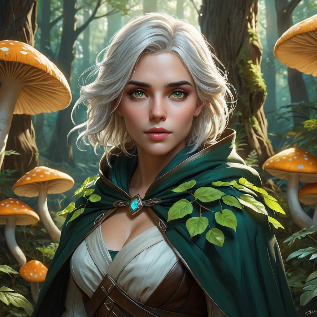 Ciri in a lush, overgrown forest, surrounded by glowing mushrooms and ancient trees, her eyes reflecting the soft bioluminescence, wearing a cloak made of leaves and twigs