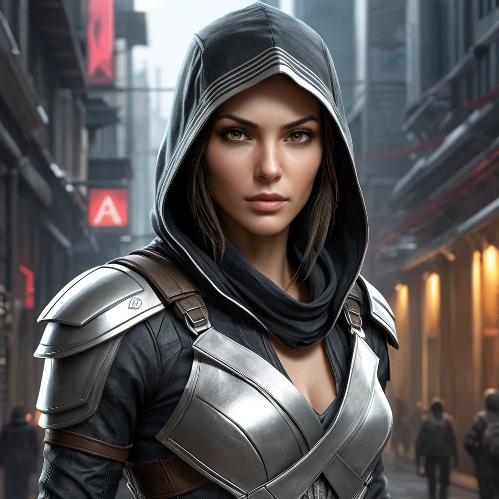 a powerful, enigmatic female Assassin from the Assassin's Creed universe, with a captivating gaze and a sleek, futuristic outfit, in a sci-fi, dystopian setting