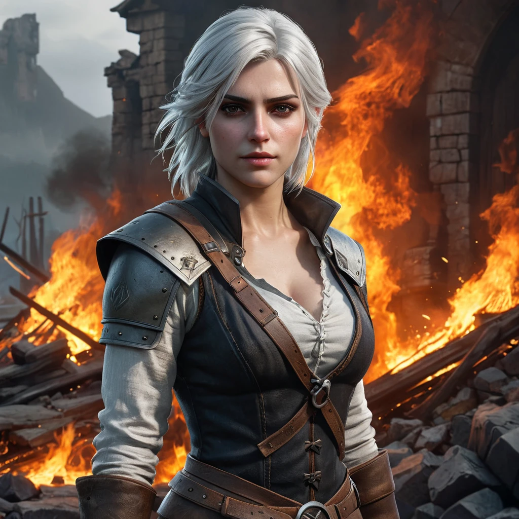 Ciri from The Witcher 3 in a dramatic scene, standing in the ruins of a burning village, her face hardened with resolve, with embers and ashes floating around her.