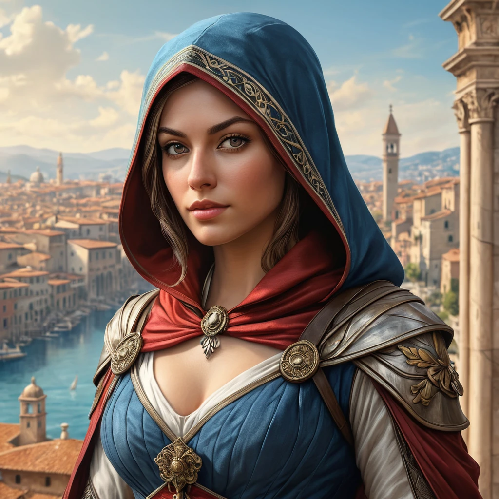 A stunningly beautiful woman from Assassin's Creed, rendered in the style of a Renaissance painting, with intricate details of her assassin outfit and a background of a bustling Italian city during the 15th century.