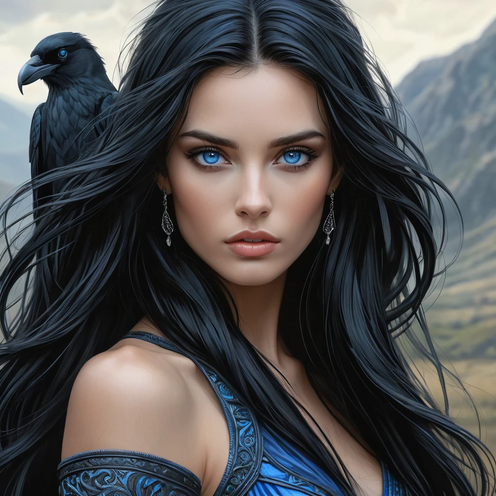 A beautiful, mysterious woman with long, raven-black hair and piercing blue eyes, inspired by the Wild Hunt