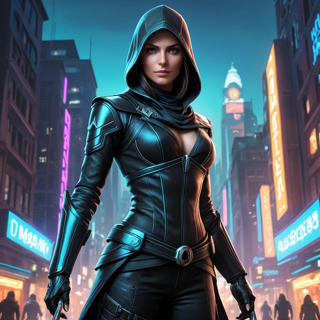 a female Assassin from the Assassin's Creed franchise, with a captivating, enigmatic presence and a sleek, streamlined outfit, in a futuristic, neon-infused cityscape