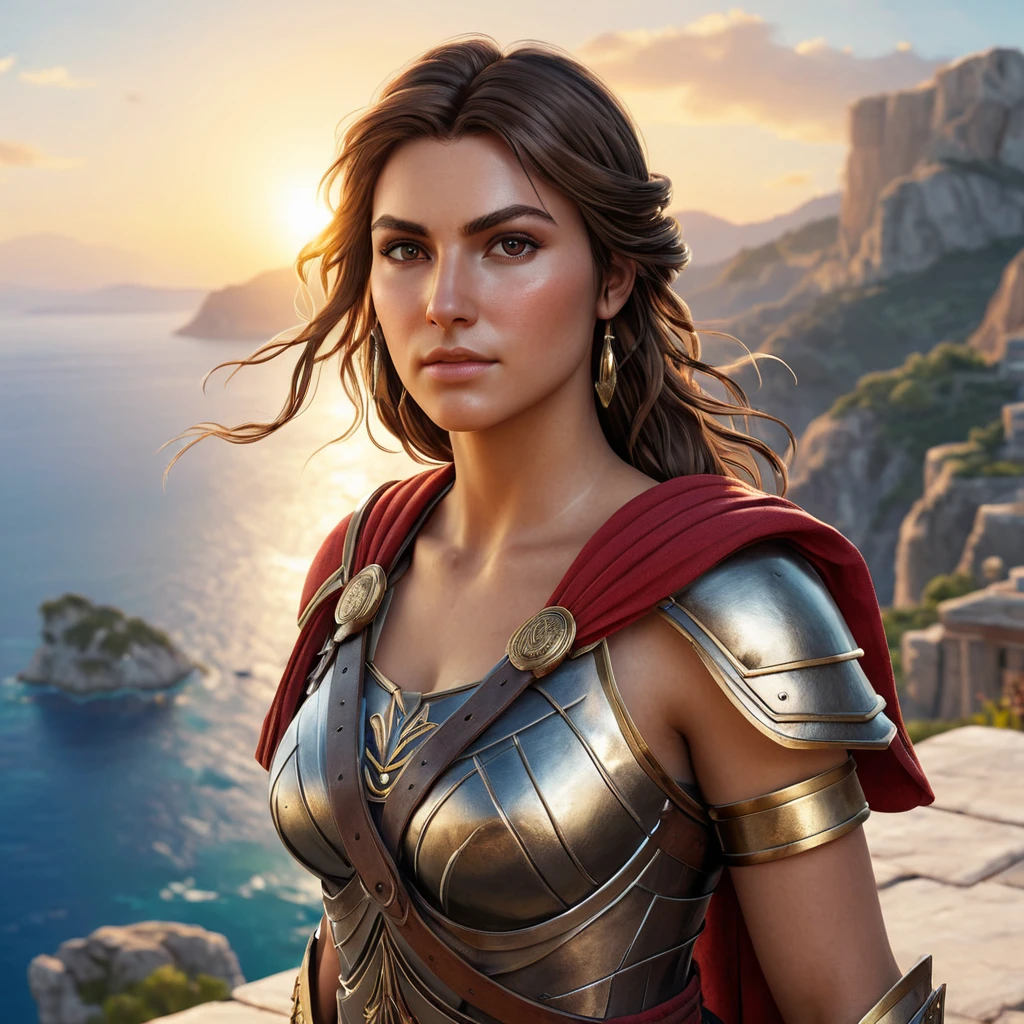 Kassandra from Assassin's Creed Odyssey, overlooking a breathtaking sunset on a Greek island, with her armor reflecting the warm light, her hair flowing in the wind, capturing a moment of calm and strength.