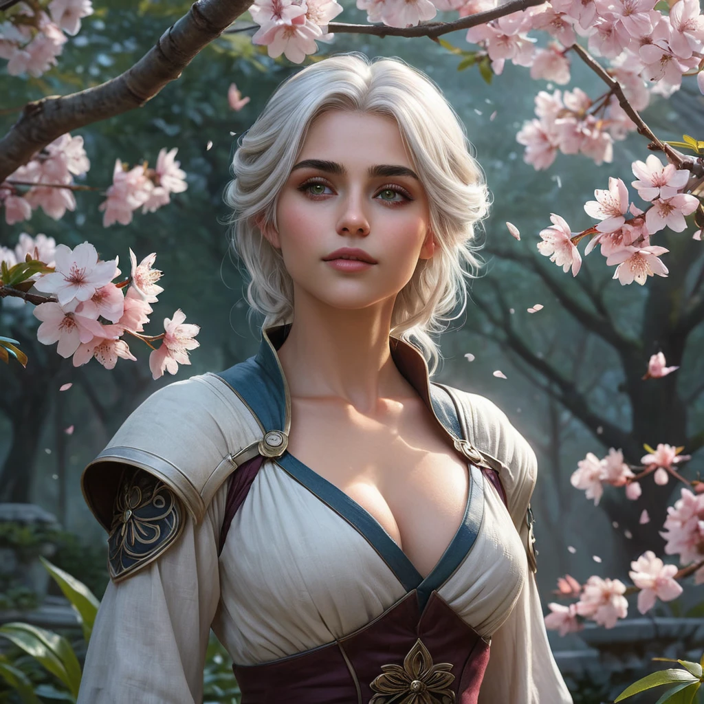 Ciri in a serene, moonlit garden, cherry blossoms falling around her, her face serene, a soft, mystical mist enveloping the scene