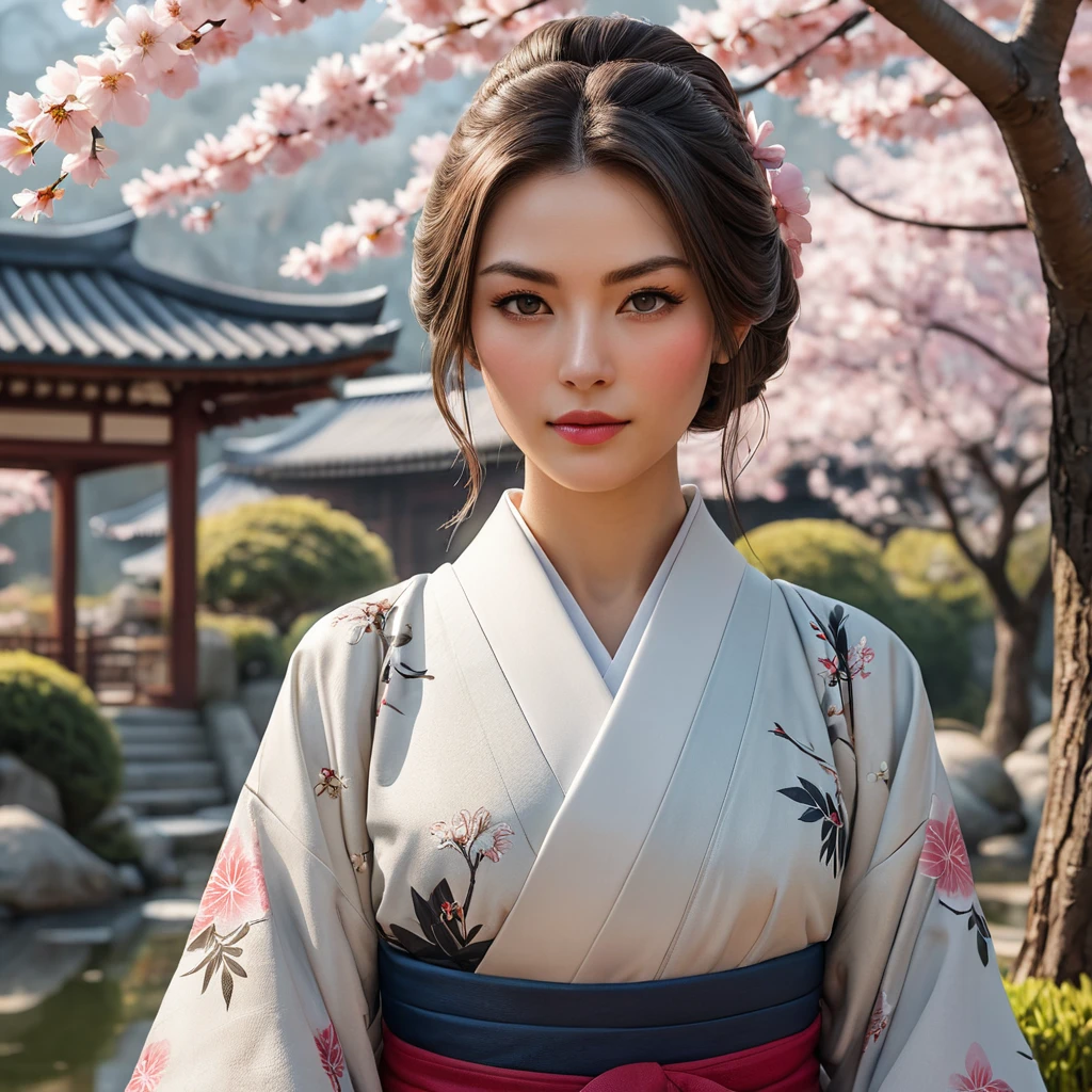 A gorgeous Assassin's Creed woman in a serene Japanese garden, dressed in a traditional kimono with subtle assassin tools hidden within, the scene bathed in the soft light of a cherry blossom festival.