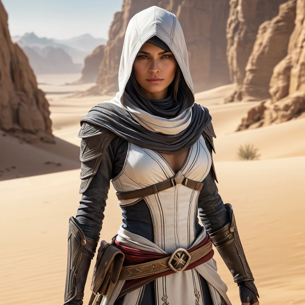 Visualize a beautiful Assassin's Creed character in a desert oasis, her attire reflecting both the nomadic styles of the region and advanced stealth technology, with a mirage shimmering in the distance.