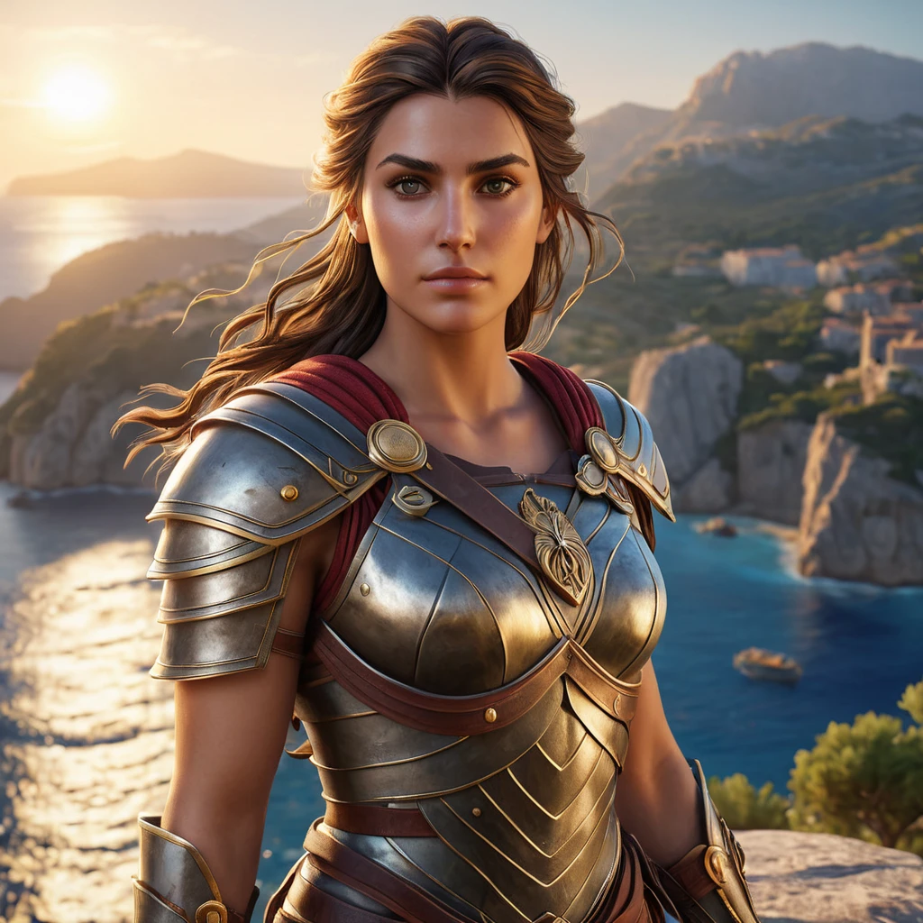 Kassandra from Assassin's Creed Odyssey, overlooking a breathtaking sunset on a Greek island, with her armor reflecting the warm light, her hair flowing in the wind, capturing a moment of calm and strength.