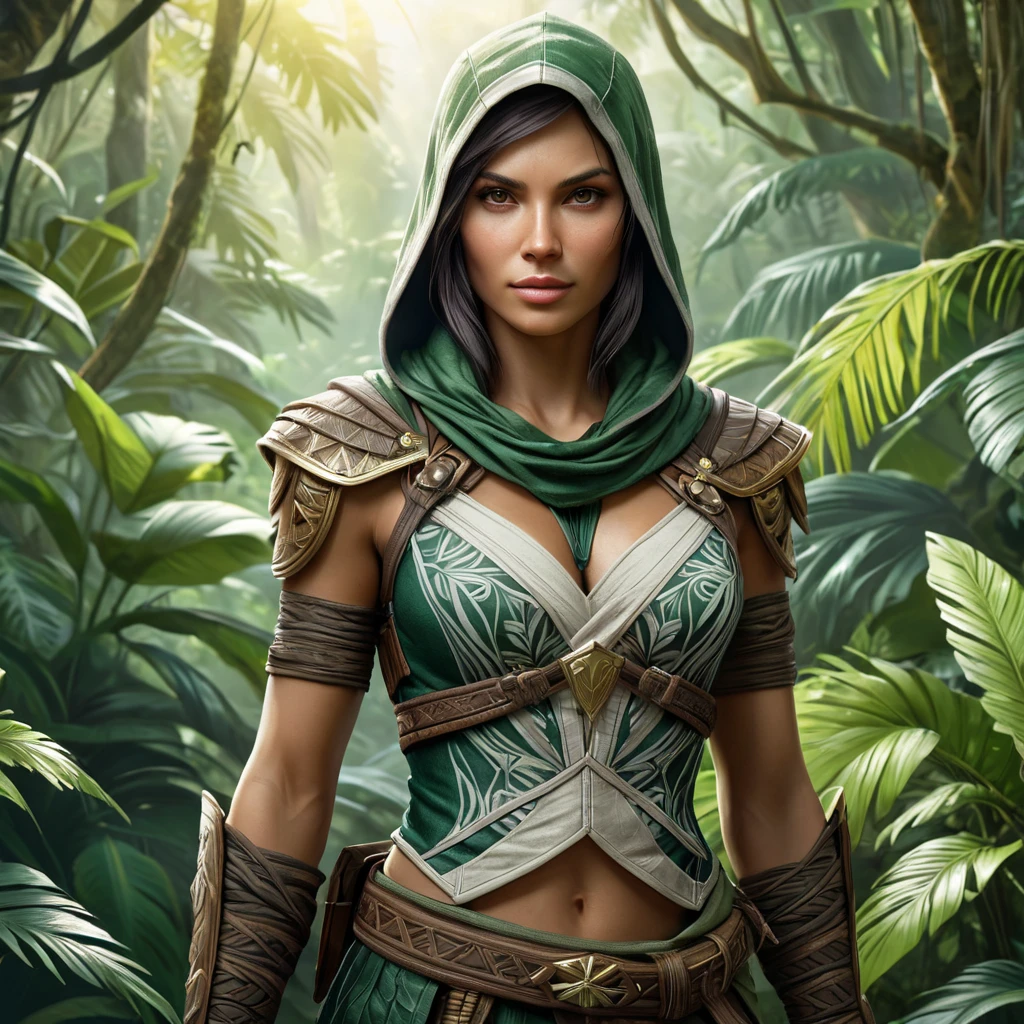 A breathtaking Assassin's Creed woman in a lush, verdant jungle environment, her attire a mix of natural camouflage and ancient tribal designs, with a hidden blade glinting in the dappled sunlight.