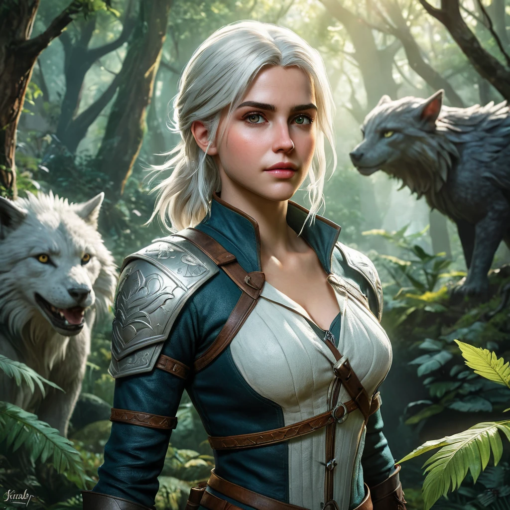 Ciri from The Witcher 3 standing in a lush, enchanted forest, with magical creatures swirling around her, her expression calm yet ready for action.