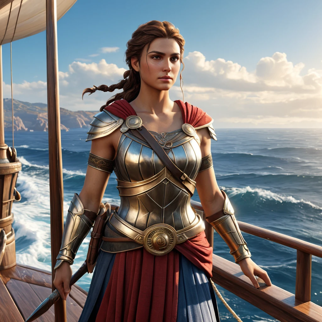 Kassandra from Assassin's Creed Odyssey, standing on the deck of a Greek warship, with the sea waves crashing around her, her armor gleaming under the sun, and her spear ready for the next adventure.