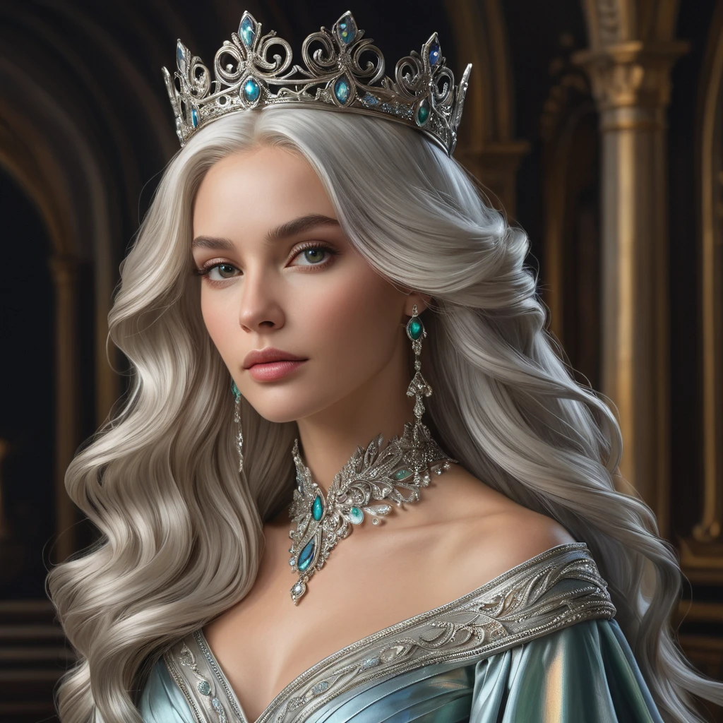 A regal queen in a flowing gown of iridescent silk, her long silver hair adorned with a crown of delicate, twisting vines, her gaze commanding respect and admiration from all who see her.