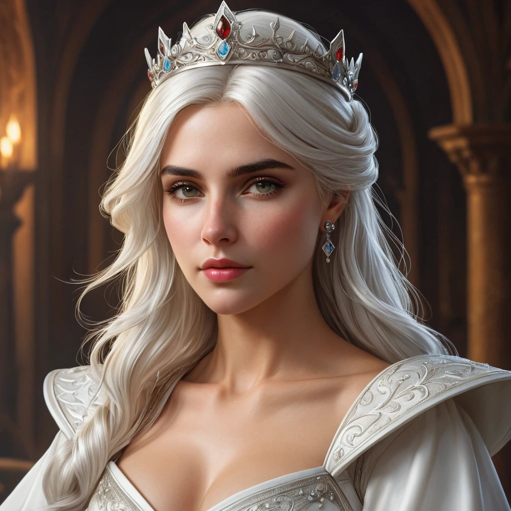 Ciri, the queen, with a regal crown and a flowing white gown