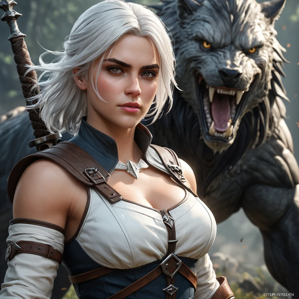 Ciri, the witcher's protégé, locked in a fierce battle with a monstrous foe, her skills and determination on full display. Dynamic, intense, and visceral.