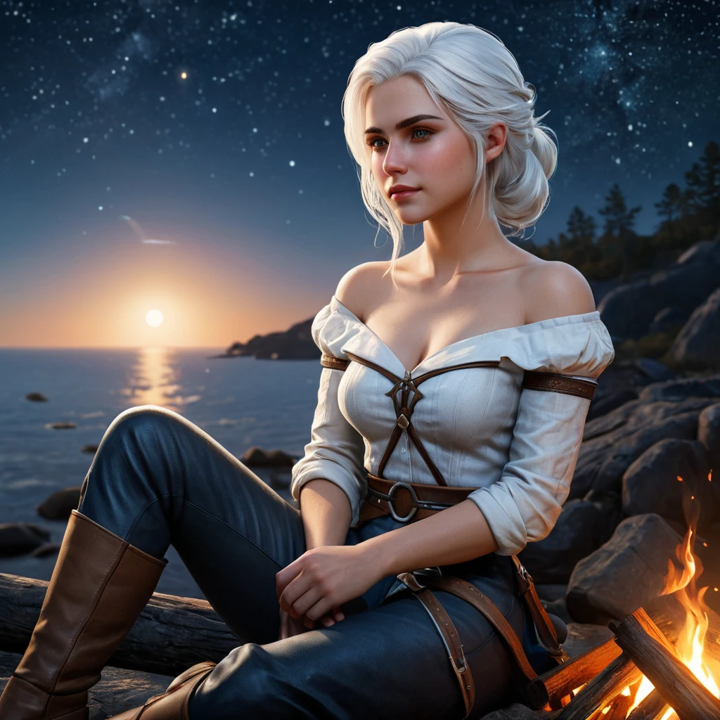 Ciri from The Witcher 3 in a tranquil moment, sitting by a campfire, her white hair softly illuminated by the flames, with a serene, starry night sky above her.