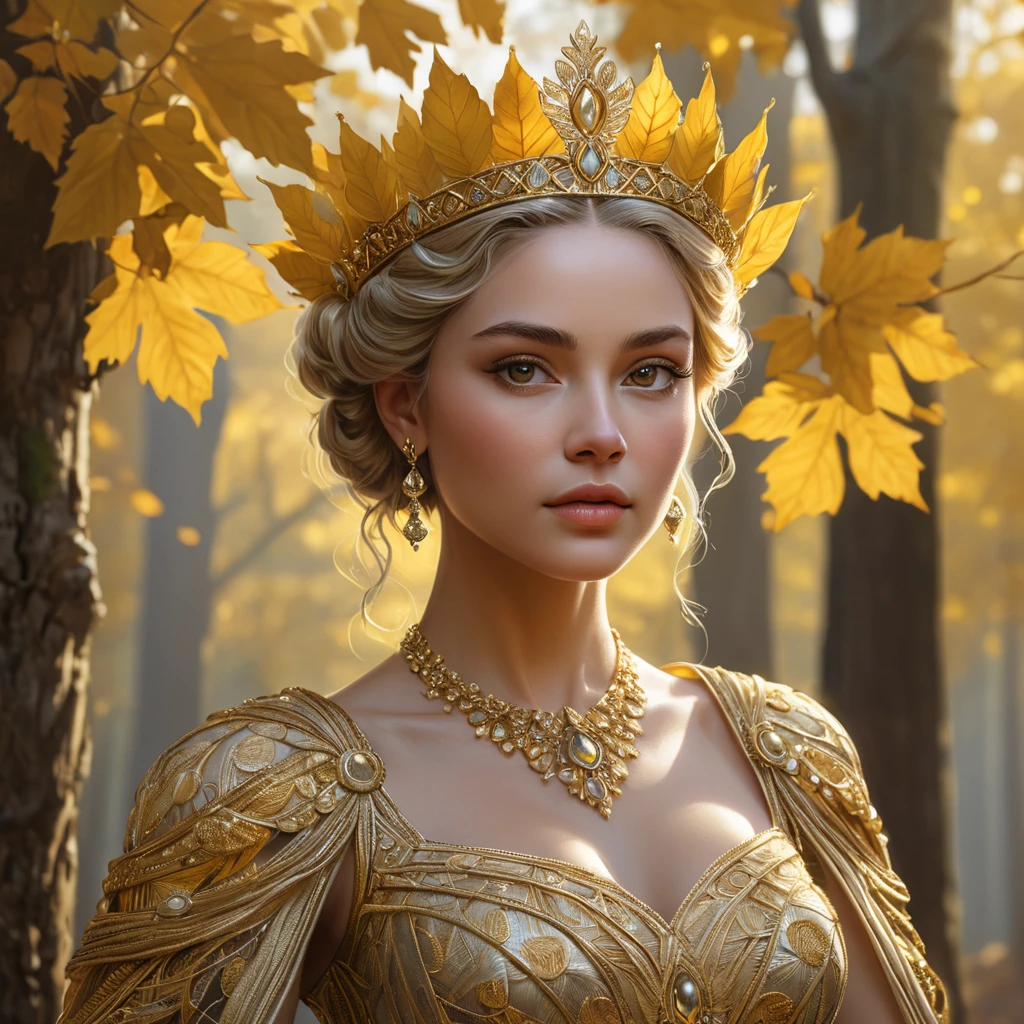 A majestic queen with a crown of golden leaves, her dress woven from the threads of sunlight, presiding over a court in a forest where the trees whisper secrets.