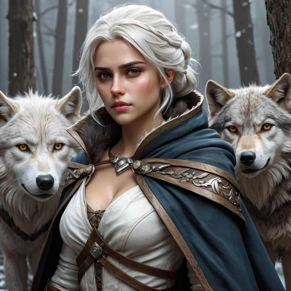 Ciri, the wildling, with a feral look and a torn and tattered cloak, surrounded by wolves