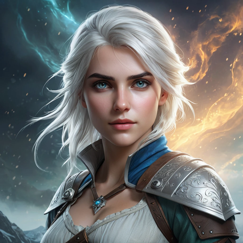 An ethereal depiction of Ciri from The Witcher 3, surrounded by swirling mists and spectral lights, her eyes glowing with mystical power, in a dreamlike environment.