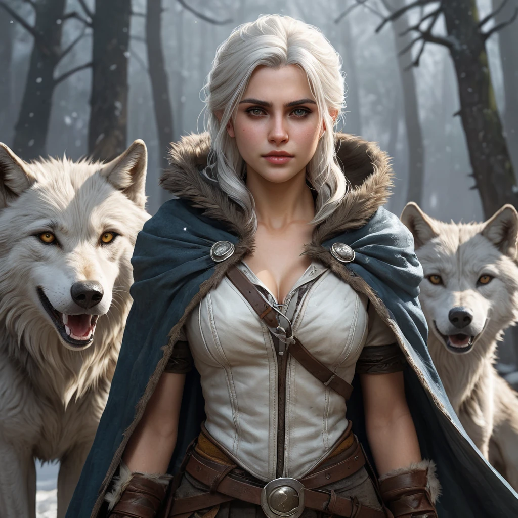 Ciri, the wildling, with a feral look and a torn and tattered cloak, surrounded by wolves