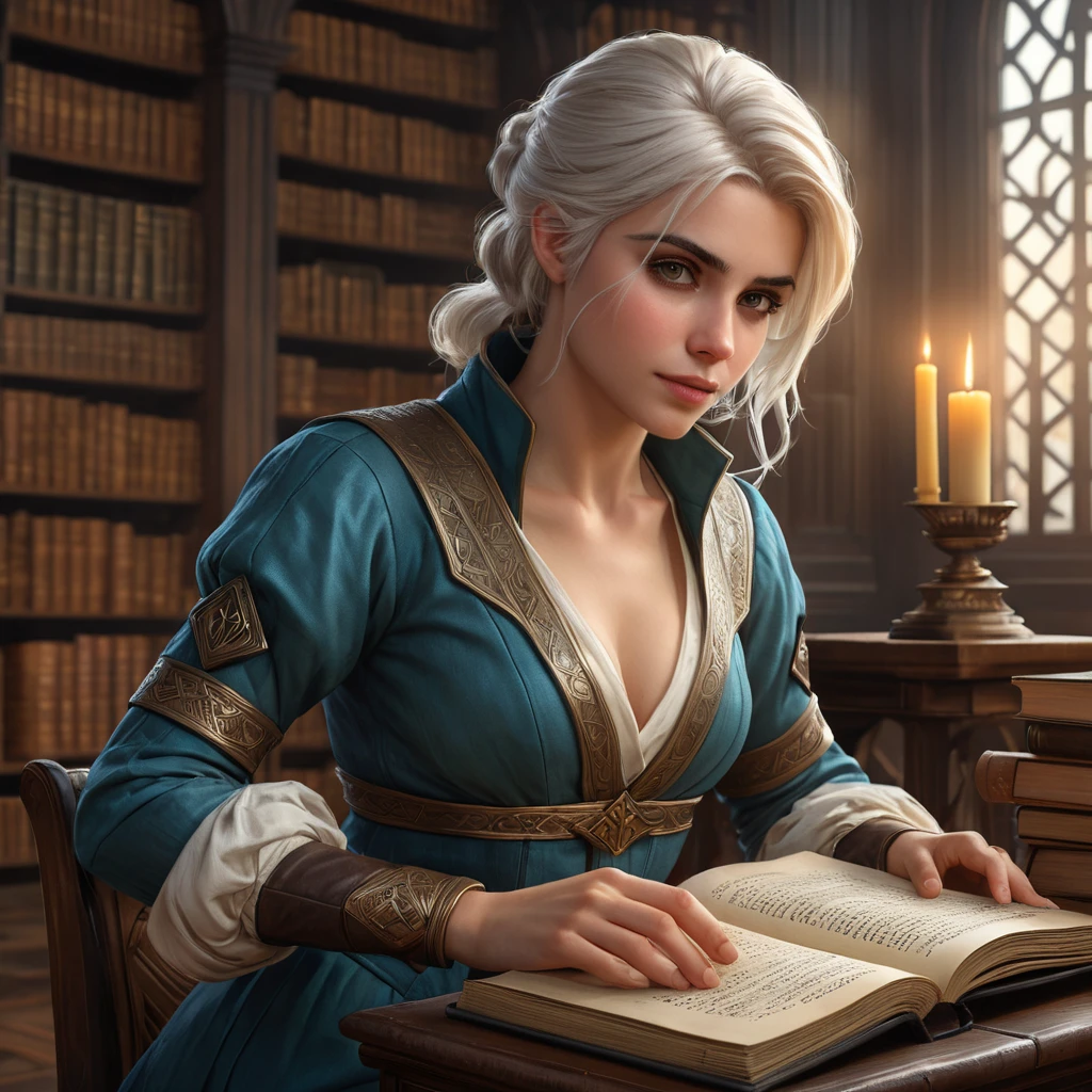 Ciri in a library of ancient, magical tomes, the air thick with dust and the glow of enchanted books, her hand resting on a large, ancient grimoire