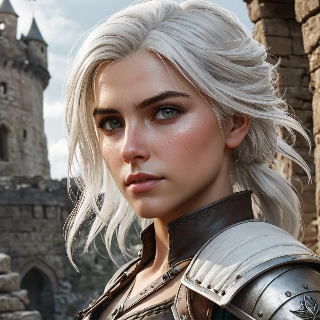 A close-up of Ciri from The Witcher 3, her face determined and focused, with her white hair framing her face, set against a backdrop of an ancient, ruined castle.