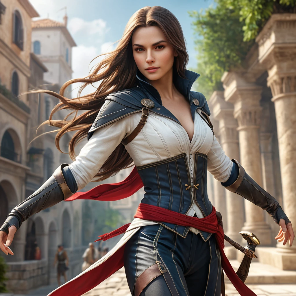 a beautiful, deadly female Assassin from the Assassin's Creed franchise, with flowing hair and a lithe, acrobatic physique, in a lush, vibrant environment