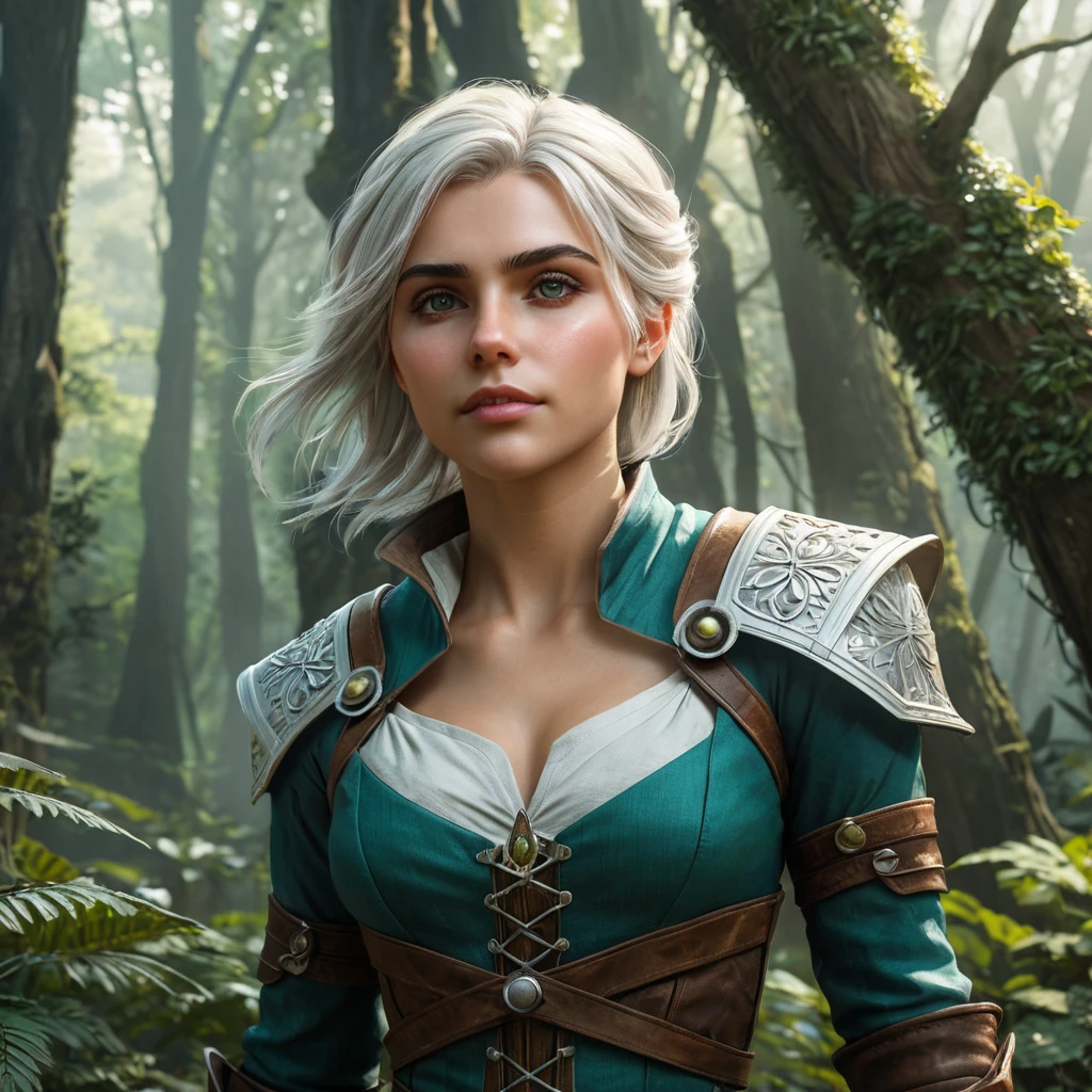 Ciri, the witcher's apprentice, navigating a fantastical, overgrown forest, her senses heightened and her movements graceful. Lush, detailed, and cinematic.