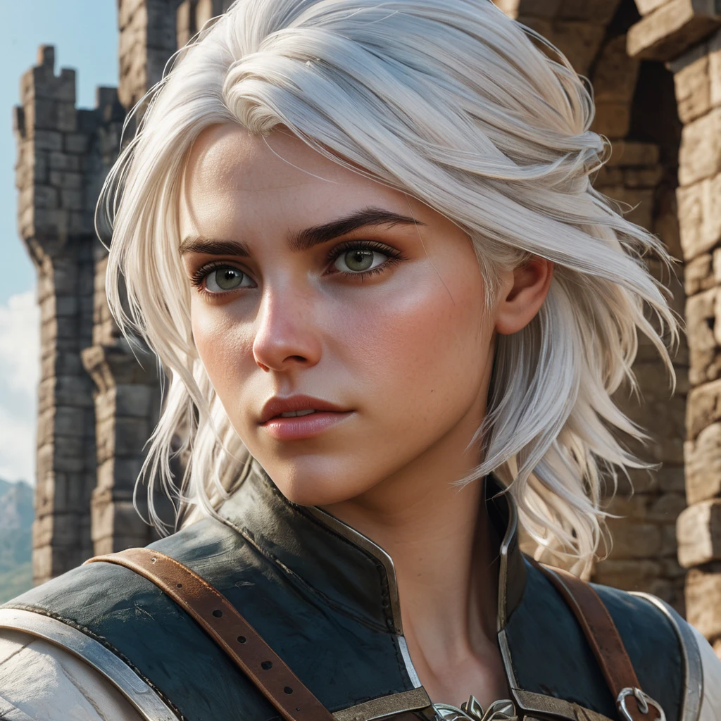 A close-up of Ciri from The Witcher 3, her face determined and focused, with her white hair framing her face, set against a backdrop of an ancient, ruined castle.