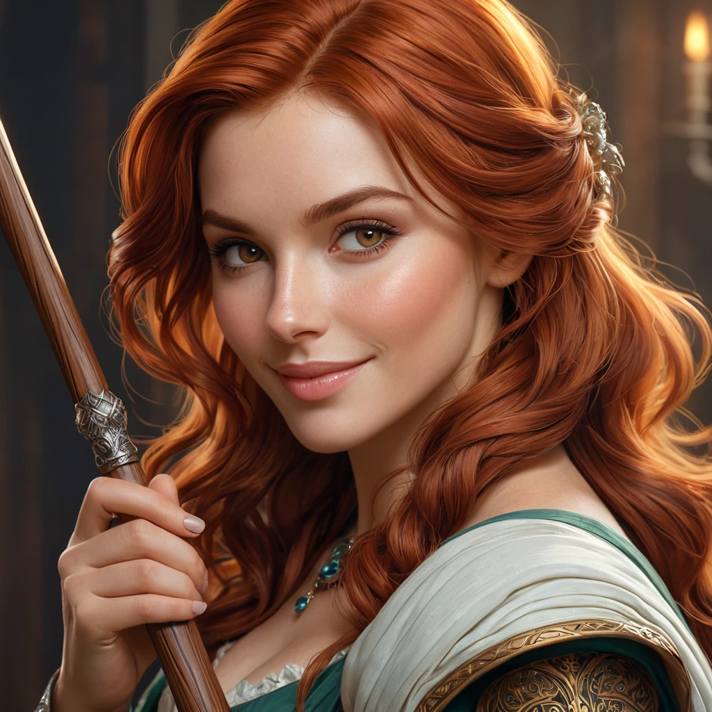 A portrait of Triss Merigold, her auburn hair cascading down her shoulders, a mischievous smile playing on her lips, holding a staff that crackles with magic