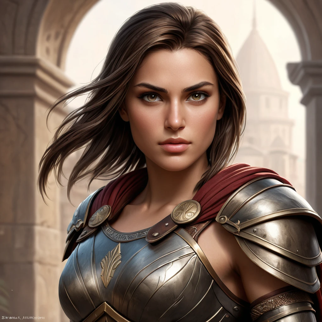 A detailed portrait of Kassandra, the powerful Spartan warrior from Assassin's Creed, standing tall and proud in her bronze armor, her piercing gaze commanding attention.