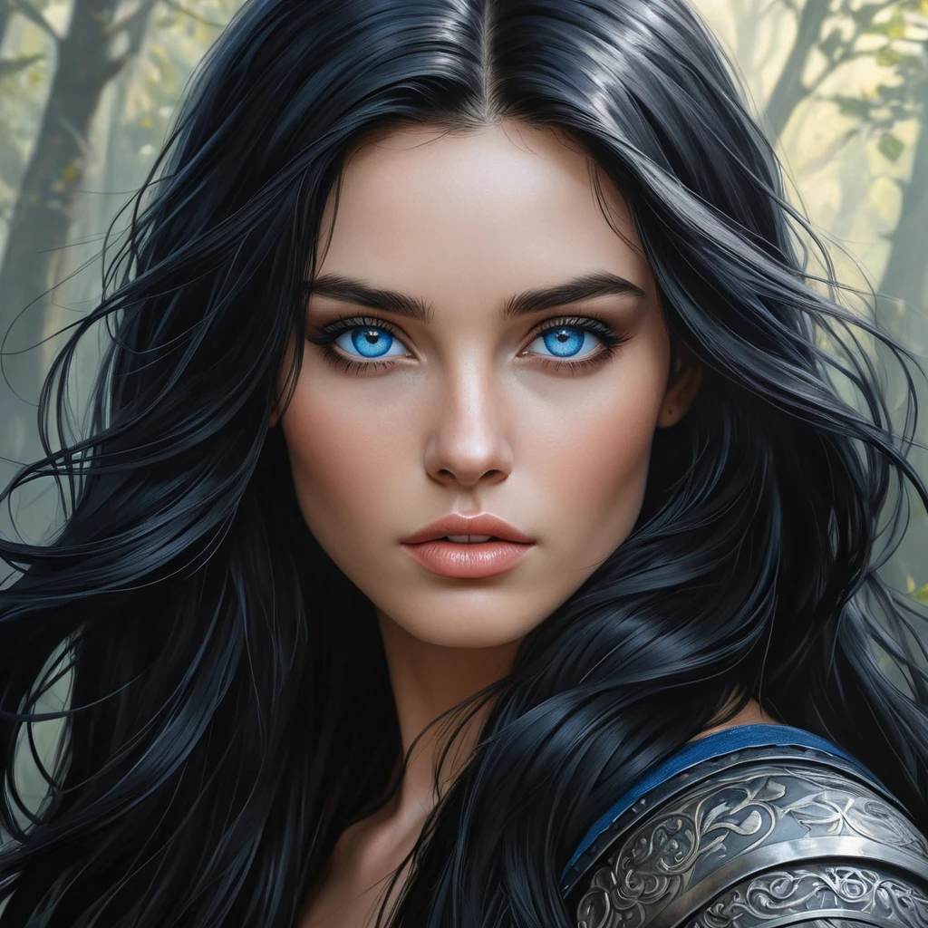 A beautiful, mysterious woman with long, raven-black hair and piercing blue eyes, inspired by the Wild Hunt