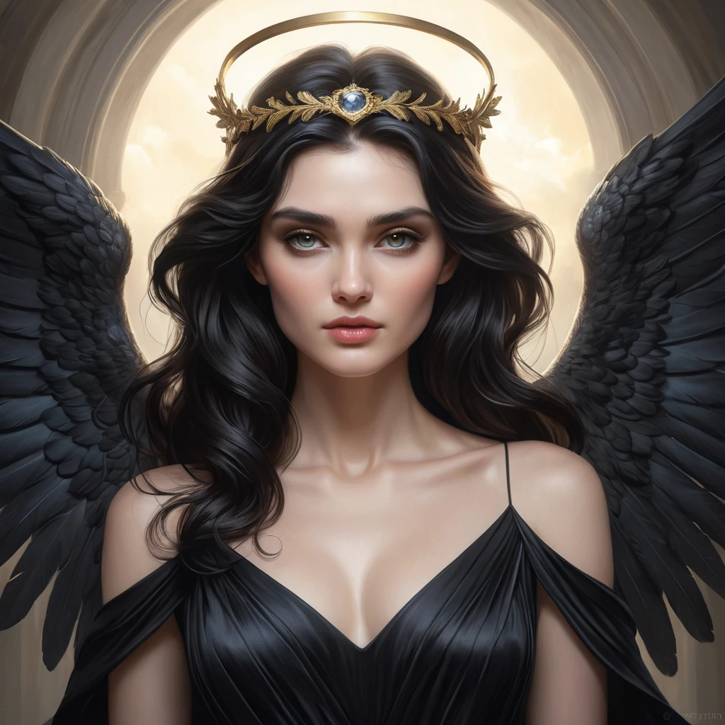 A romantic and dreamy portrait of Morgana, the Fallen Angel, with a flowing black dress and a halo of light