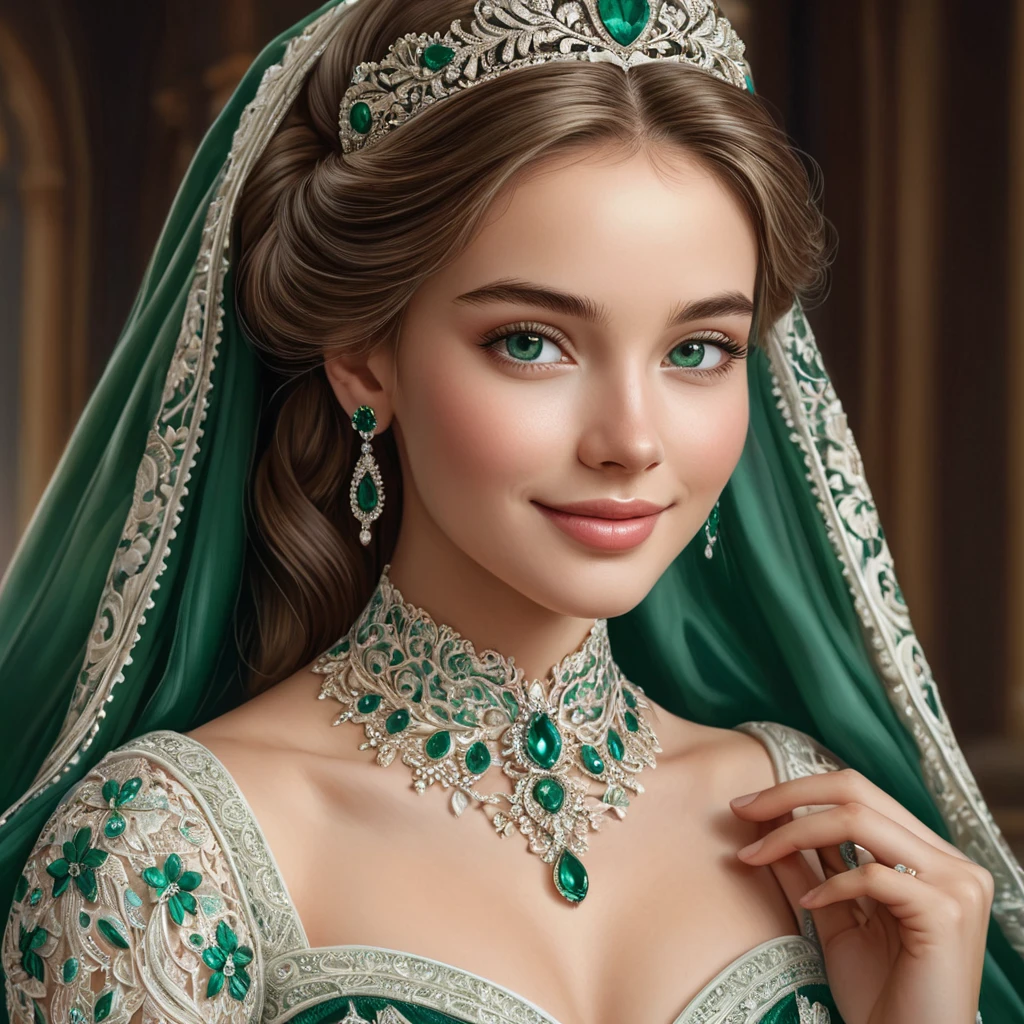 A radiant princess with skin like porcelain and eyes the color of emeralds, her gown a masterpiece of intricate embroidery and delicate lace, her gentle smile reflecting the warmth of her heart.