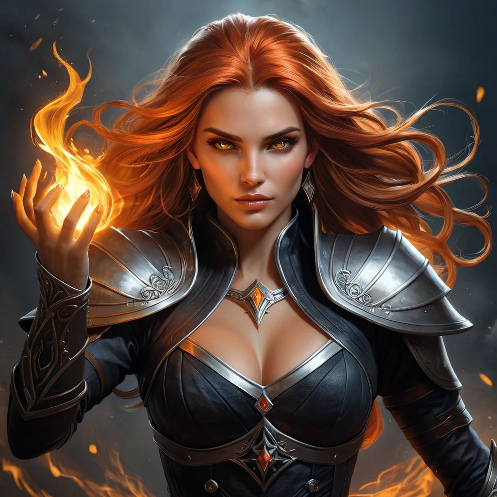 A stunning sorceress, inspired by the Witcher universe, with a fierce and powerful presence, her hair ablaze with fire, her eyes glowing with magic, her hands raised, commanding the elements