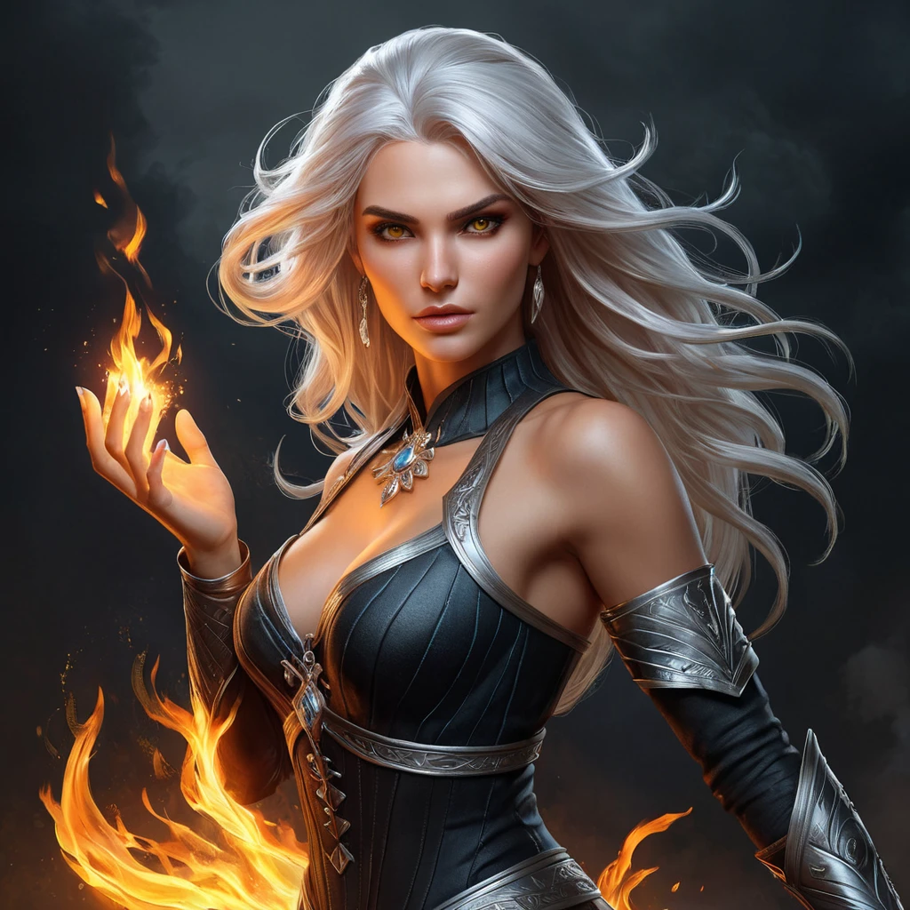 A stunning sorceress, inspired by the Witcher universe, with a fierce and powerful presence, her hair ablaze with fire, her eyes glowing with magic, her hands raised, commanding the elements