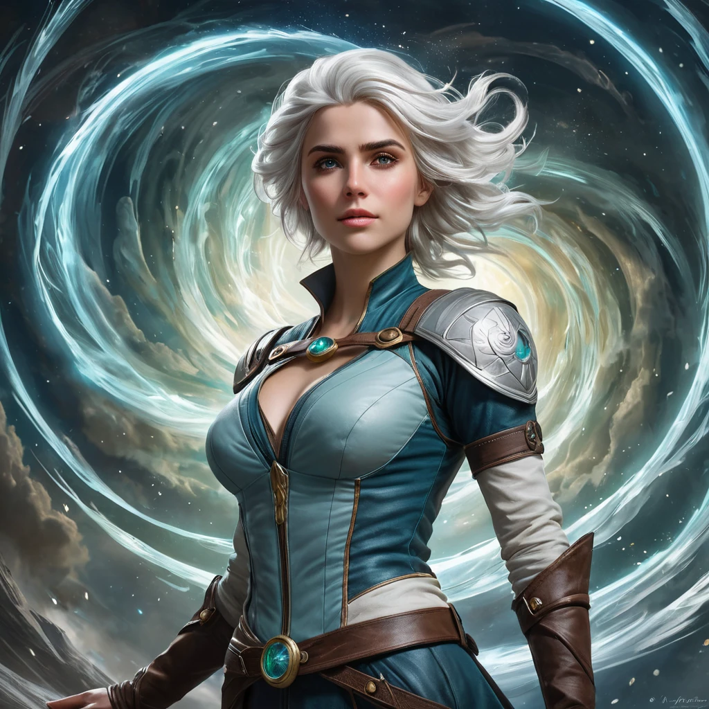 Ciri, the Lady of Time and Space, standing amidst a swirling vortex of energy, her powers on full display. Surreal, ethereal, and visually striking.