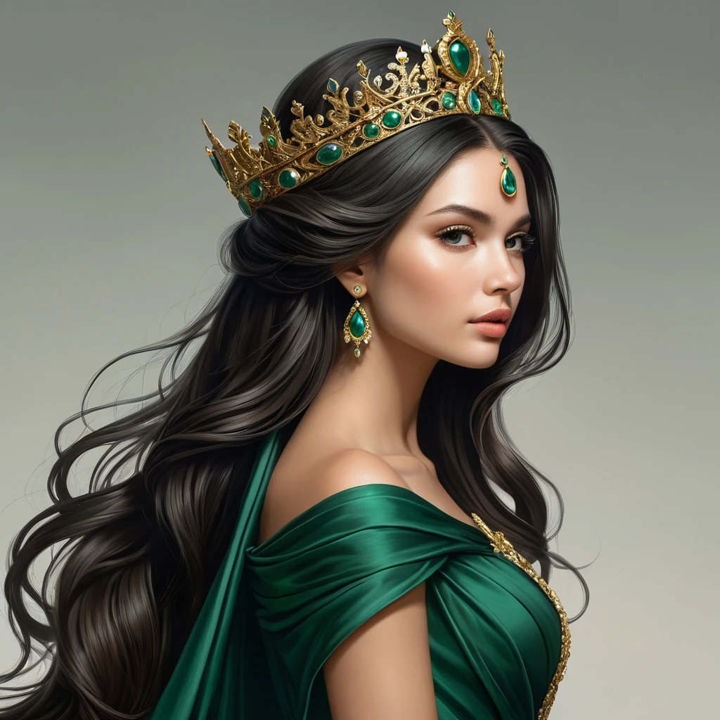 A powerful queen in a flowing gown of deep green and gold, her long dark hair cascading down her back, a crown of intricate metalwork adorning her head, her gaze commanding the respect and loyalty of all who behold her.