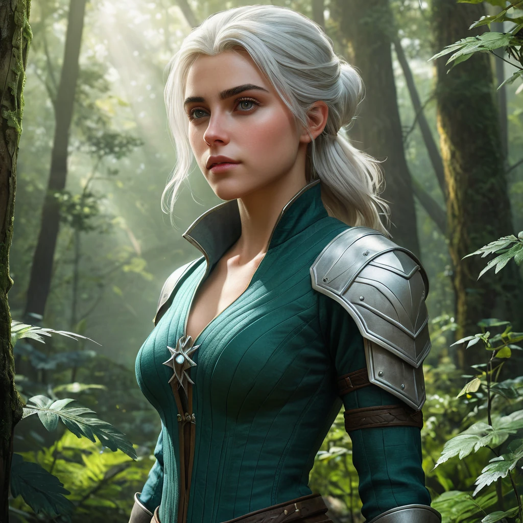 Ciri, the witcher's apprentice, navigating a fantastical, overgrown forest, her senses heightened and her movements graceful. Lush, detailed, and cinematic.